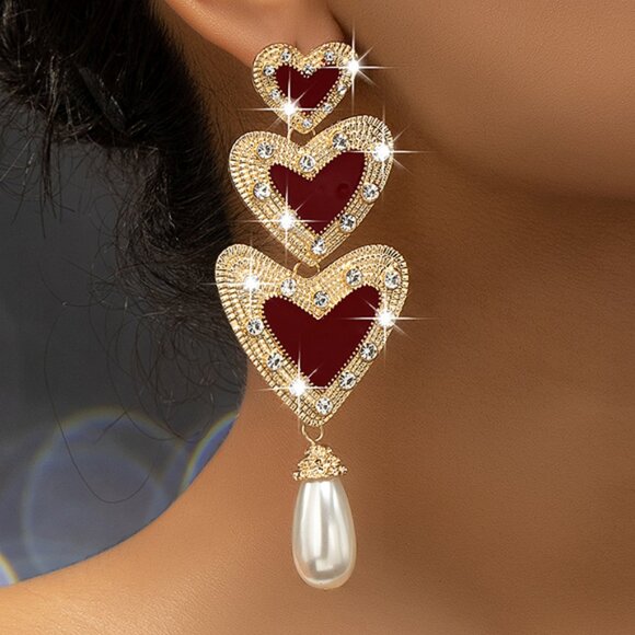 3/$35 14k Gold Plated Red Heart Drop Earrings Statement Pearl Dangle Rhinestone - Picture 6 of 7